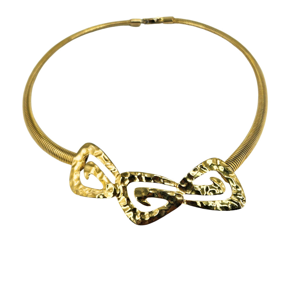 Goldtone hammered necklace with double heart bow pendant and mesh-like chain