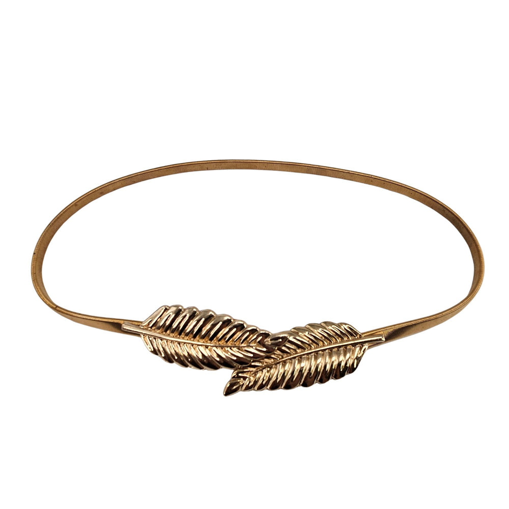 Gold leaf buckle belt with twisted metal center detail and slim strap
