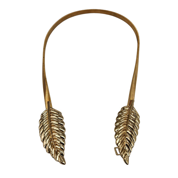 Gold metal leaf buckle belt with two leaf ends and thin connector strap