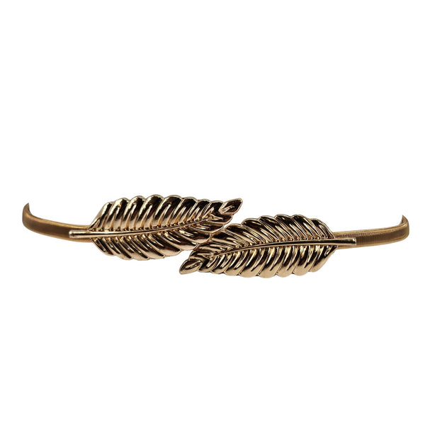 Gold metal leaf buckle belt with two leaf accents on a slim curved strap