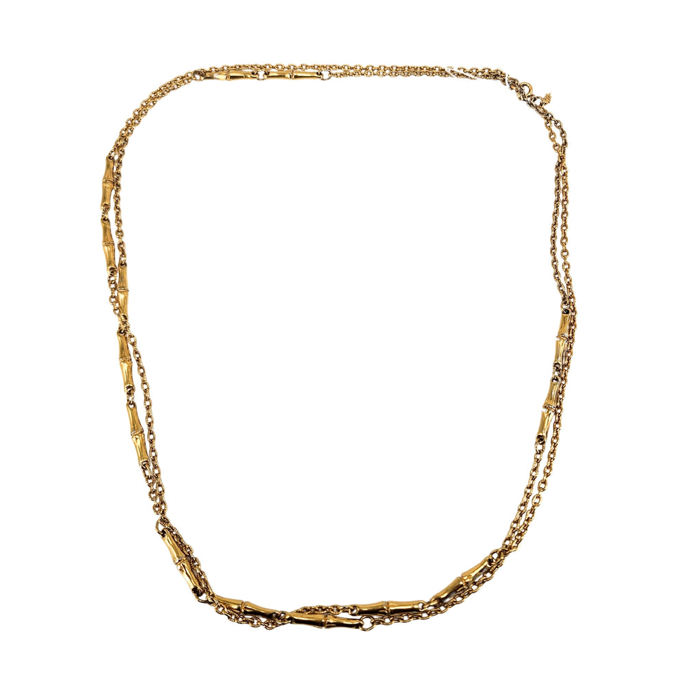 Goldtone station link necklace with long curb-style chain, linked rows