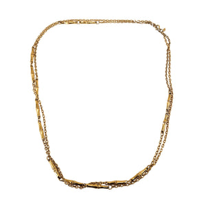 Goldtone station link necklace with long curb-style chain, linked rows