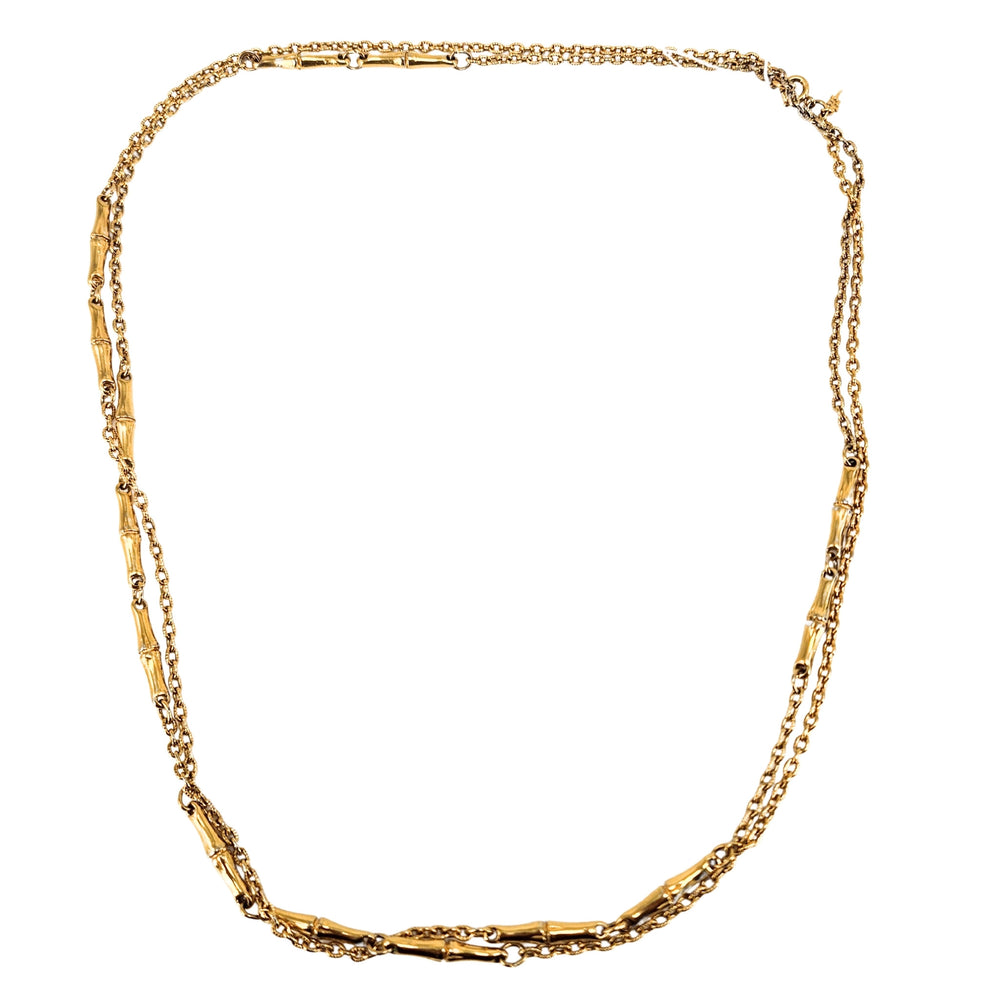 Goldtone station link necklace with long curb-style chain, linked rows