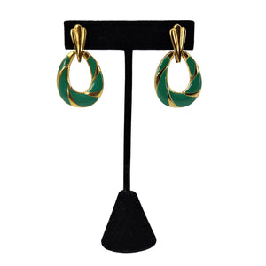 Gold-tone and green enamel oval drop earrings, teardrop-style with ridged edges