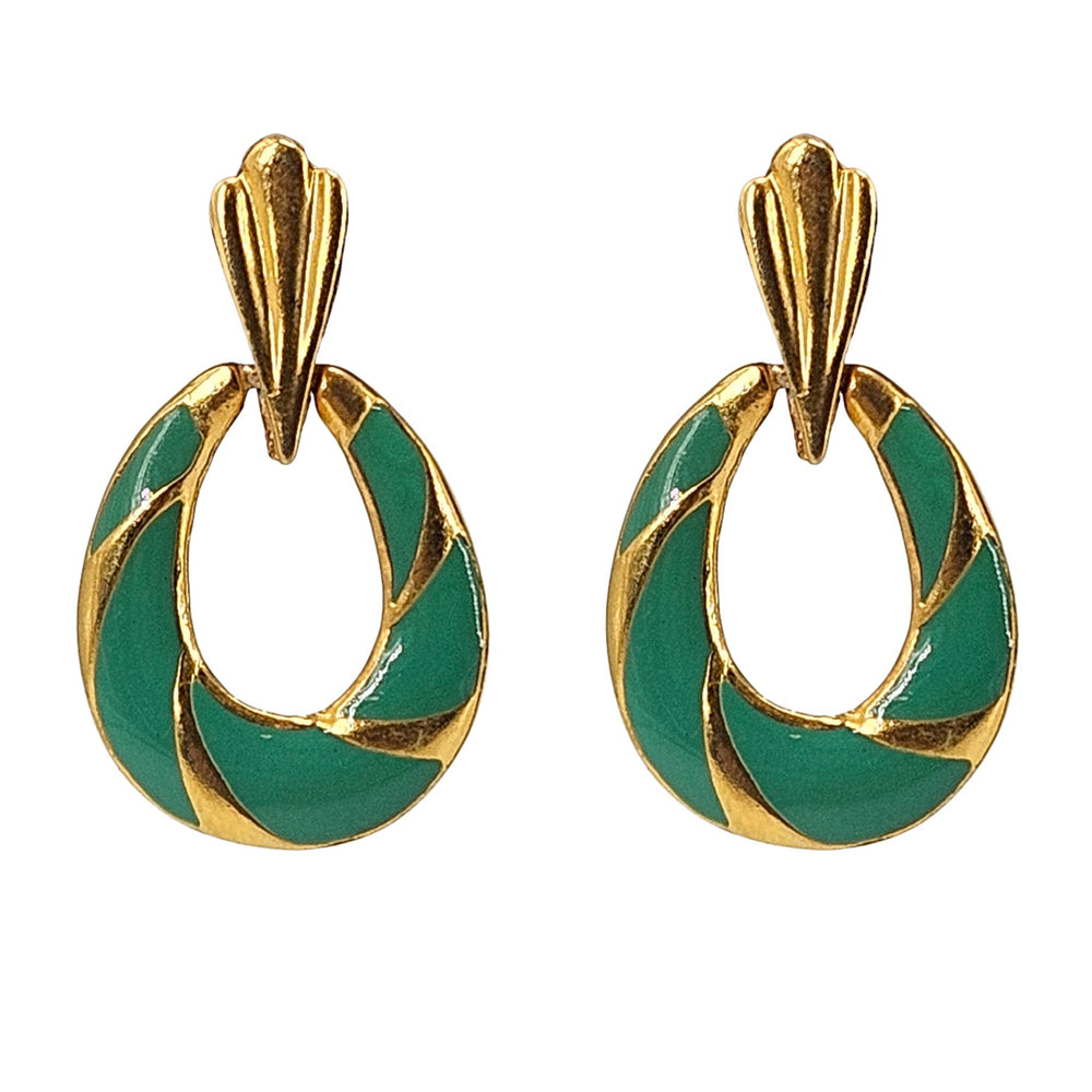 Gold-tone and green enamel oval drop earrings with sculpted ridges
