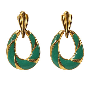 Gold-tone and green enamel oval drop earrings with sculpted ridges