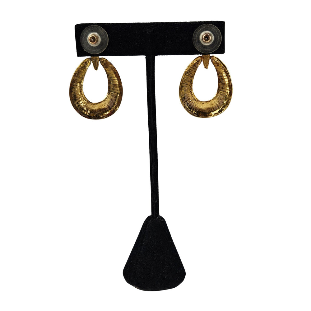 Gold-tone and green enamel oval drop earrings with sculpted ridges