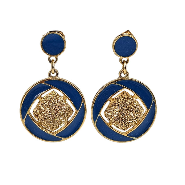 Vintage round blue enamel gold drop earrings with textured gold square detail