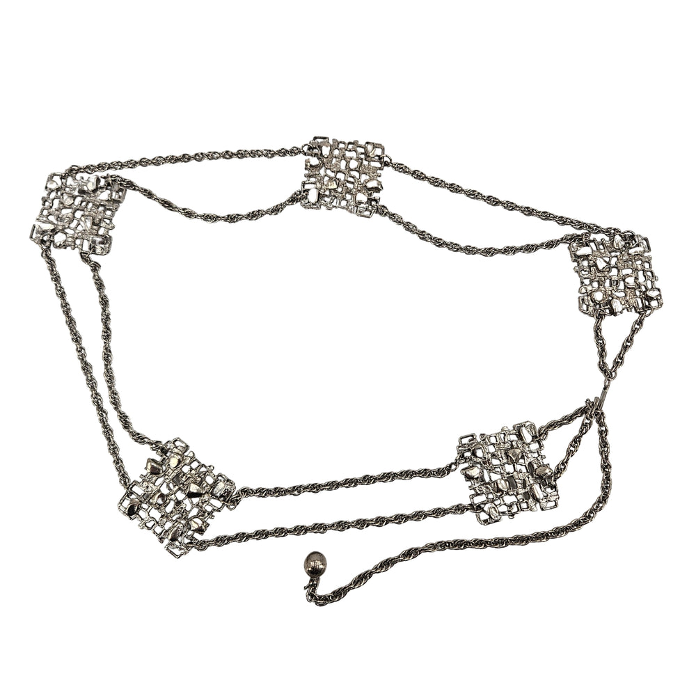 Silver metal square-link mesh belt with dangling chain and small hook clasp