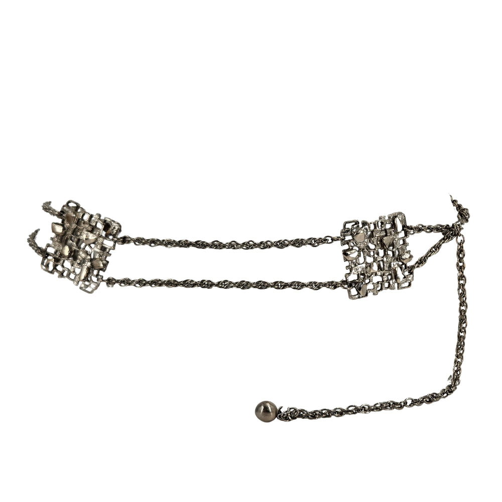 Silver metal square-link mesh belt with dangling chain and small hook clasp