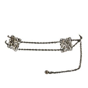 Silver square-link chain mesh belt with round bead clasp and extended tie