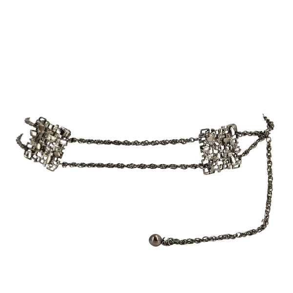Silver square-link chain mesh belt with round bead clasp and extended tie