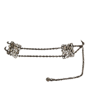 Silver square-link chain mesh belt with rectangular link panels and bead clasp