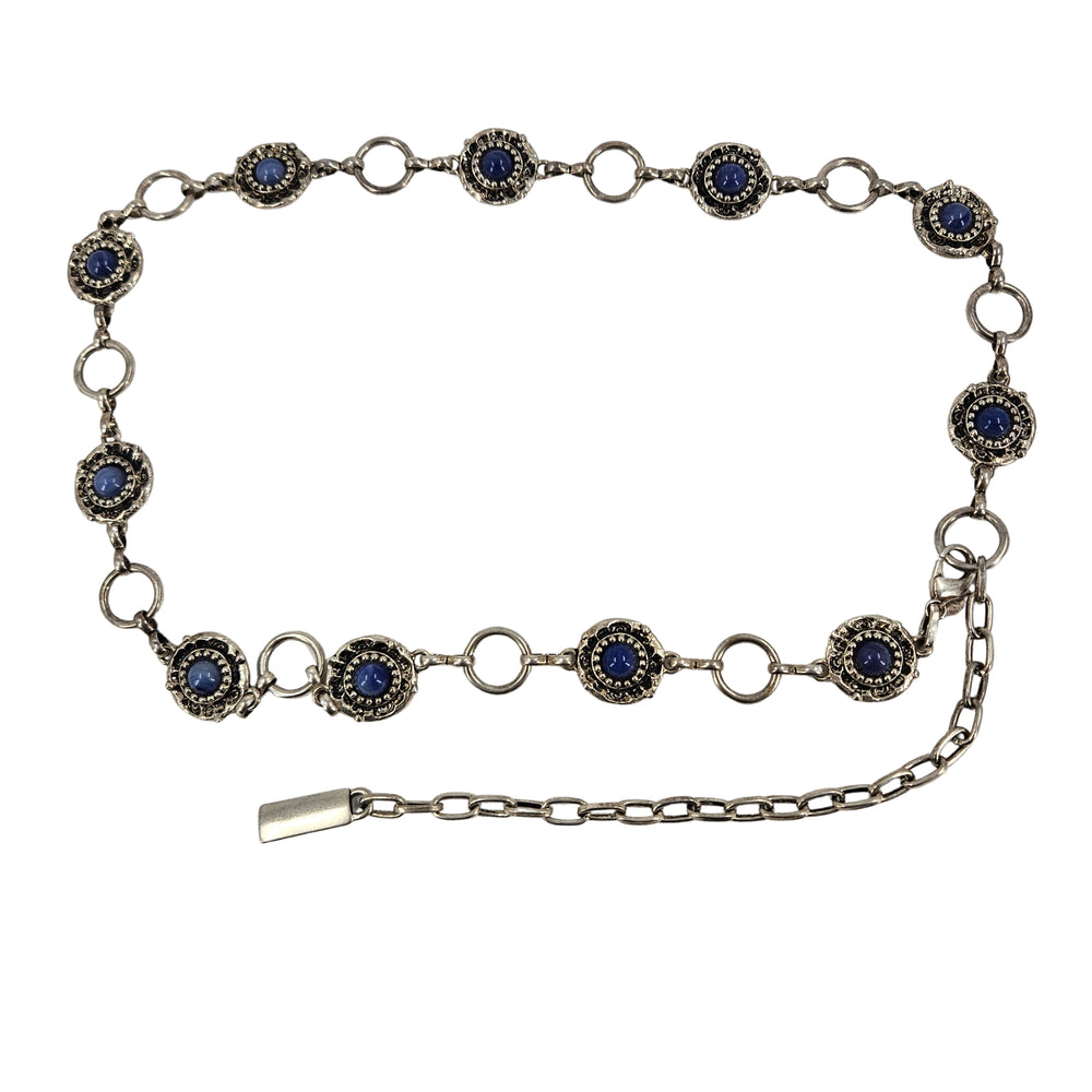 Vintage 1970s Silver Metal & Blue Cabochon Concho Chain Belt