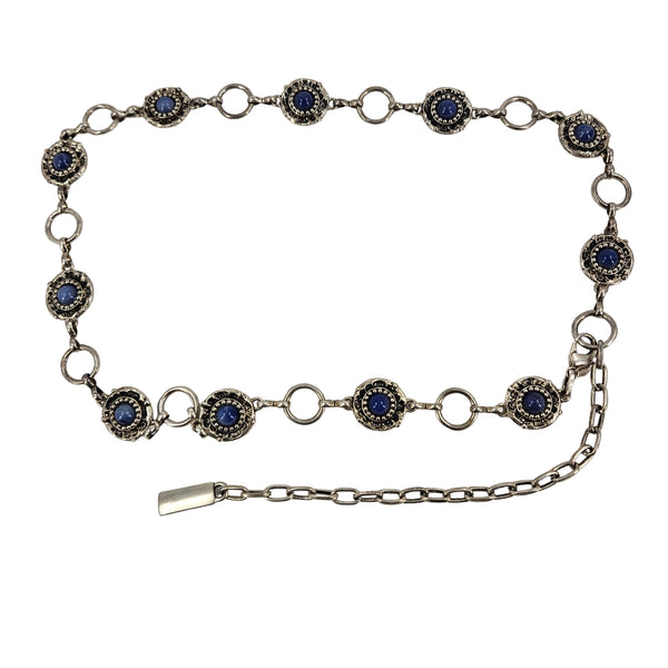 Vintage 1970s Silver Metal & Blue Cabochon Concho Chain Belt