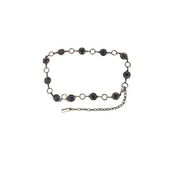 Vintage 1970s Silver Metal & Blue Cabochon Concho Chain Belt