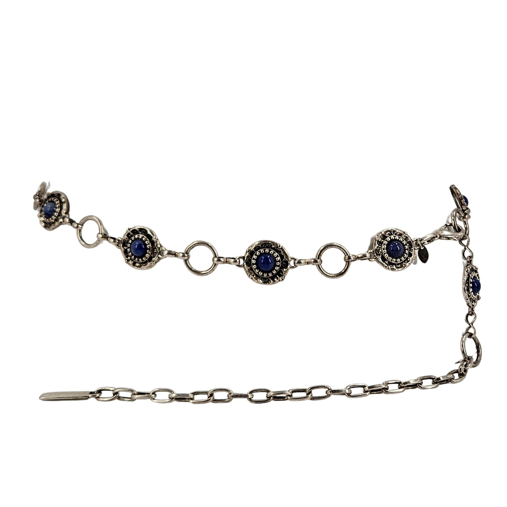 Vintage 1970s Silver Metal & Blue Cabochon Concho Chain Belt