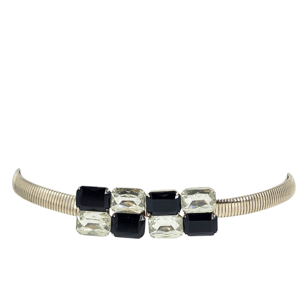 Silver tone stretch belt with rhinestone buckle and alternating black and clear stones
