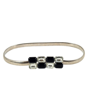 Silver tone stretch belt with rhinestone buckle, black and clear square stones