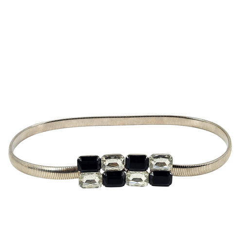 Silver tone stretch belt with rhinestone buckle, black and clear square stones