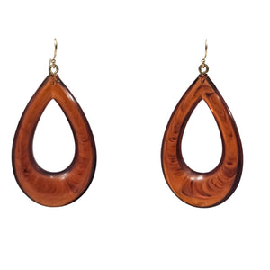Brown tortoise teardrop dangle earrings with gold-tone hook, oval cutout detail