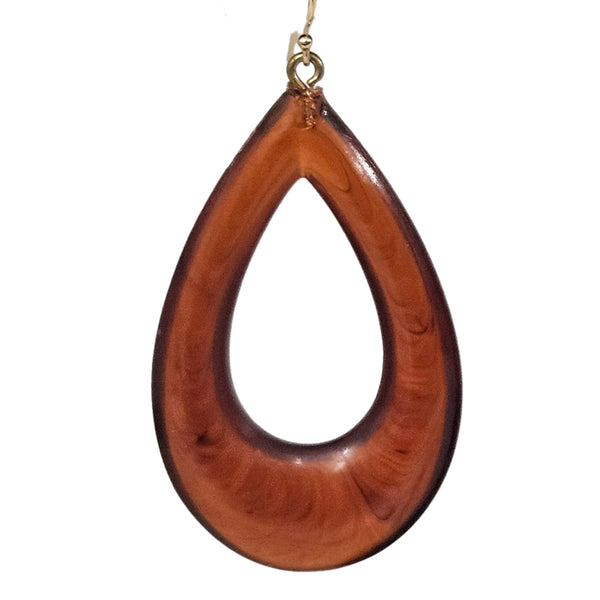 Brown tortoise teardrop dangle earring with gold-tone hook and curved cutout center