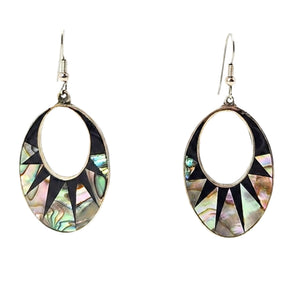 Vintage 1970s Mexican Black Enamel Abalone Shell Inlay Oval Dangle Earrings