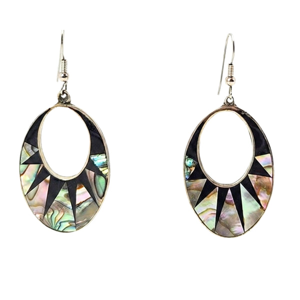 Vintage 1970s Mexican Black Enamel Abalone Shell Inlay Oval Dangle Earrings