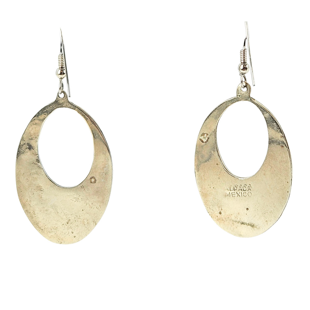Oval dangle earrings with dark inlay and iridescent abalone panels, silver hooks