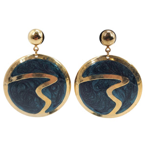 Round blue enamel circle dangle earrings with gold-tone top and fishhook backs