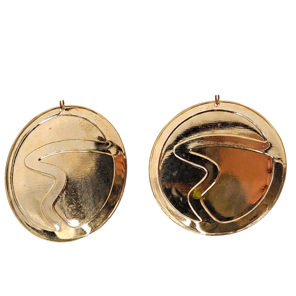 Round blue enamel circle dangle earrings with gold-tone top and fishhook backs