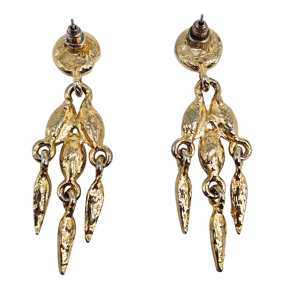 Enameled gold-tone dangle earrings with beige and dark green leaf motifs