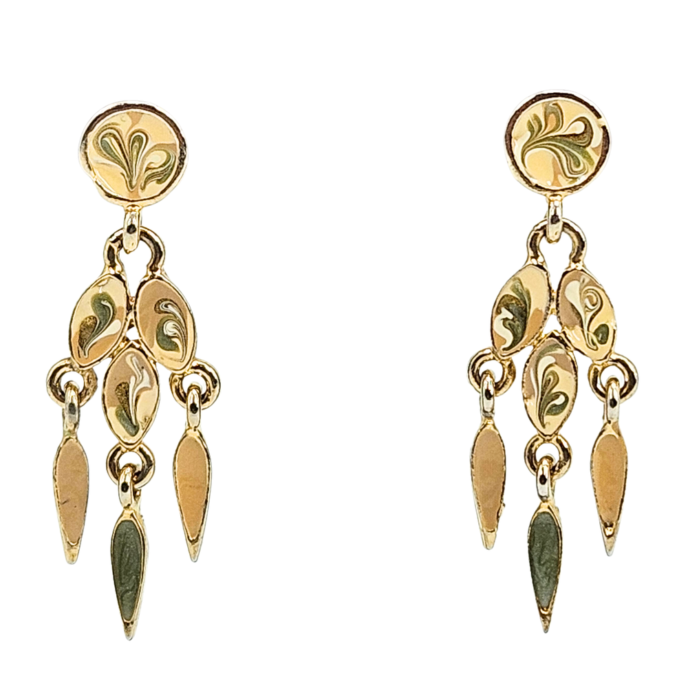 Enameled gold-tone dangle earrings with beige and dark green leaf motifs