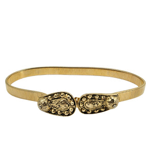Gold-tone stretch belt with ornate oval filigree buckle panels