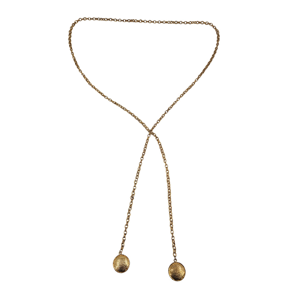 Gold-tone chain lariat belt with two round crystal charms and dangling links