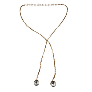 Gold-tone chain lariat belt with V drape and two small round crystal end beads