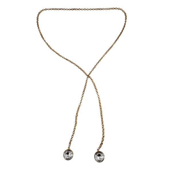 Gold-tone chain lariat belt with V drape and two small round crystal end beads