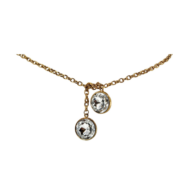 Gold-tone chain lariat belt with two round crystal charms and dangling links