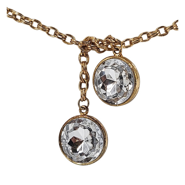 Gold-tone chain lariat belt with two large round rhinestone discs and drop charms