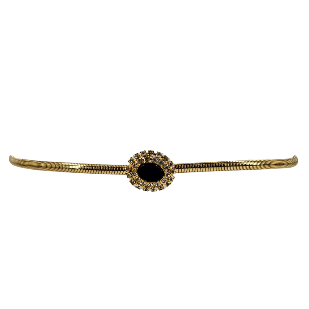 Gold stretch belt with black cabochon center and rhinestone halo