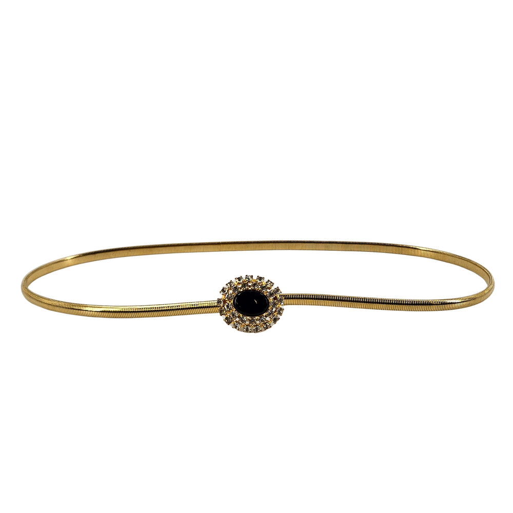 Gold stretch belt with black cabochon center and rhinestone halo