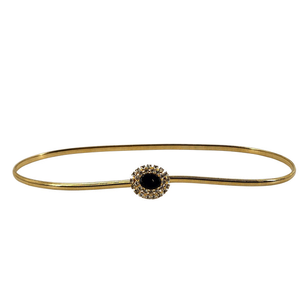 Gold stretch belt with black cabochon center and rhinestone halo