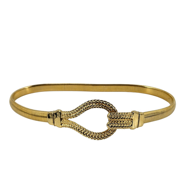 Gold snake-chain stretch belt with braided knot buckle and ribbed elastic strap ends