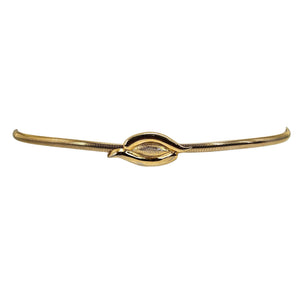 Gold stretch skinny belt with central oval snake buckle, side angle