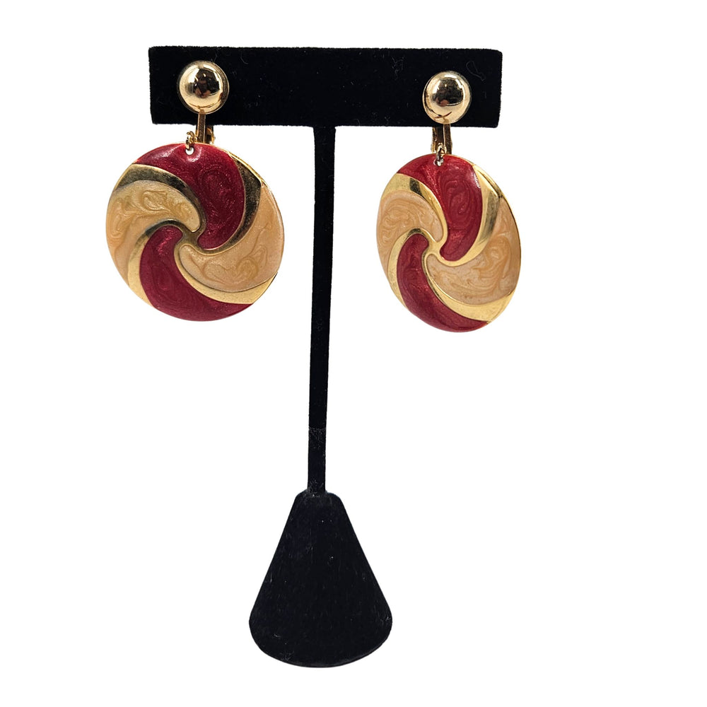 Gold clip-on earrings with round maroon-and-gold swirl disc and gold ball tops