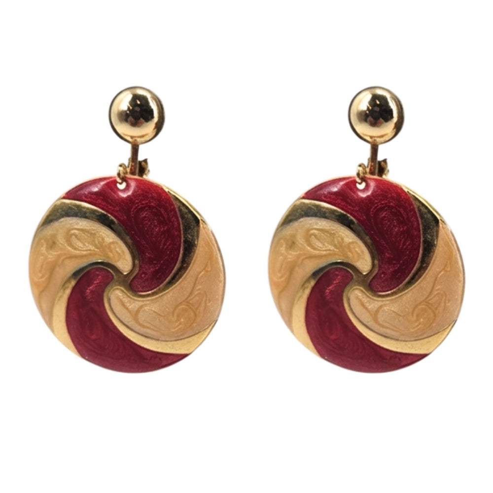 Gold clip-on earrings with round maroon-and-gold swirl disc and gold ball tops