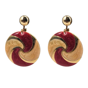 Gold clip-on earrings with round maroon-and-gold swirl disc and gold ball tops
