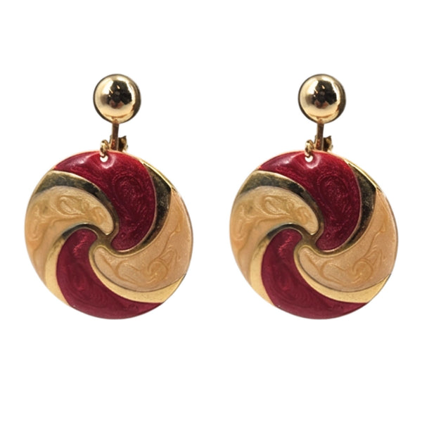 Gold clip-on earrings with round maroon-and-gold swirl disc and gold ball tops