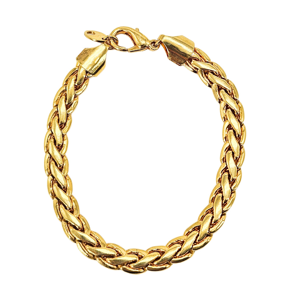 Gold tone braided link bracelet with hinged clasp at one end