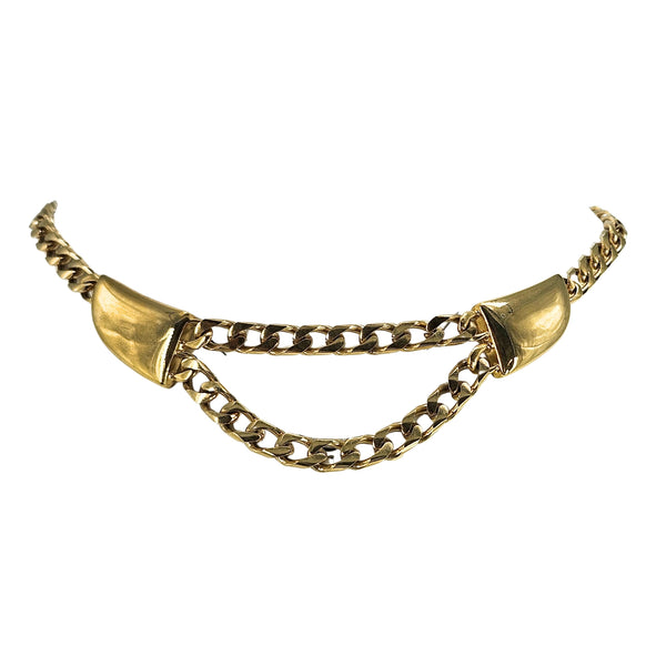 Gold tone double-strand chain necklace with curved front plates